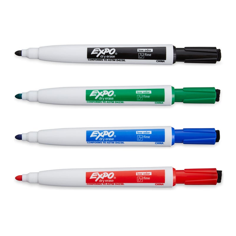 EXPO Magnetic Dry Erase Markers with Eraser, Fine Tip, Low Odor Ink, 4 Count, 4 Assorted Colors: Black, Red, Blue, Green - Image 3